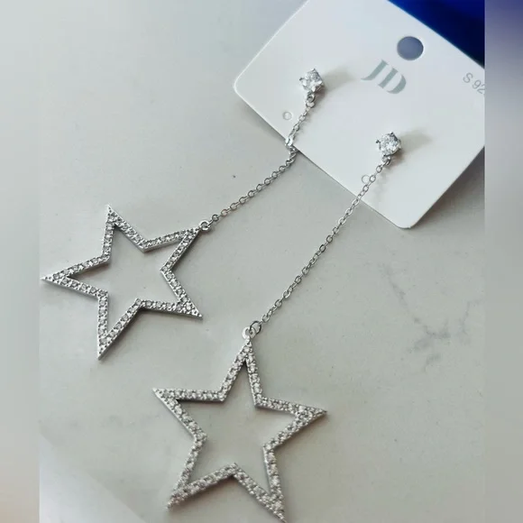 Silverplated Star Rhinestone Pendant Drop Dangle Fashion Earrings Set 2.25" - Picture 4 of 4